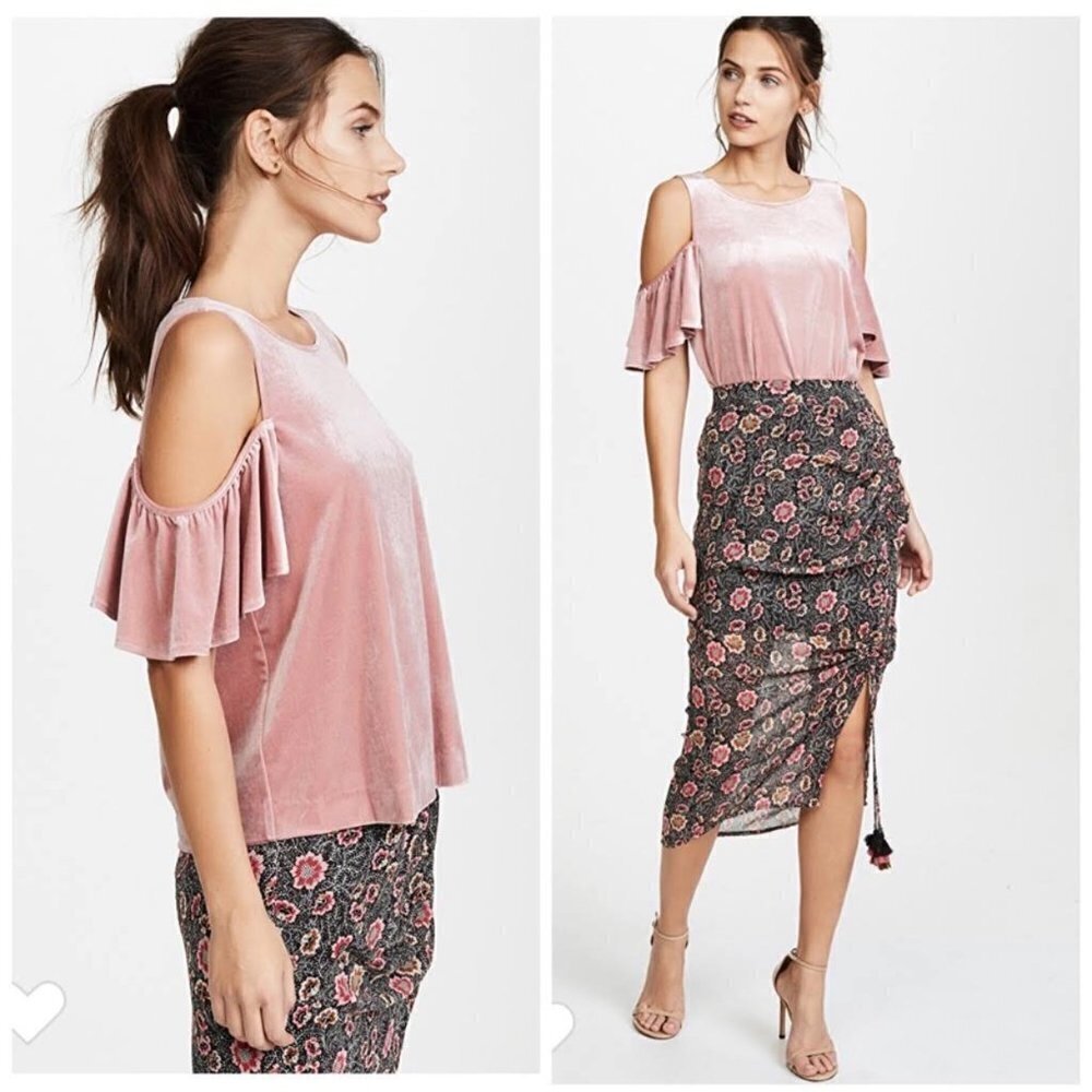 Rebecca Minkoff Womens Dusty Rose Velvet Cold Shoulder Ruffle Top Pink Small NEW